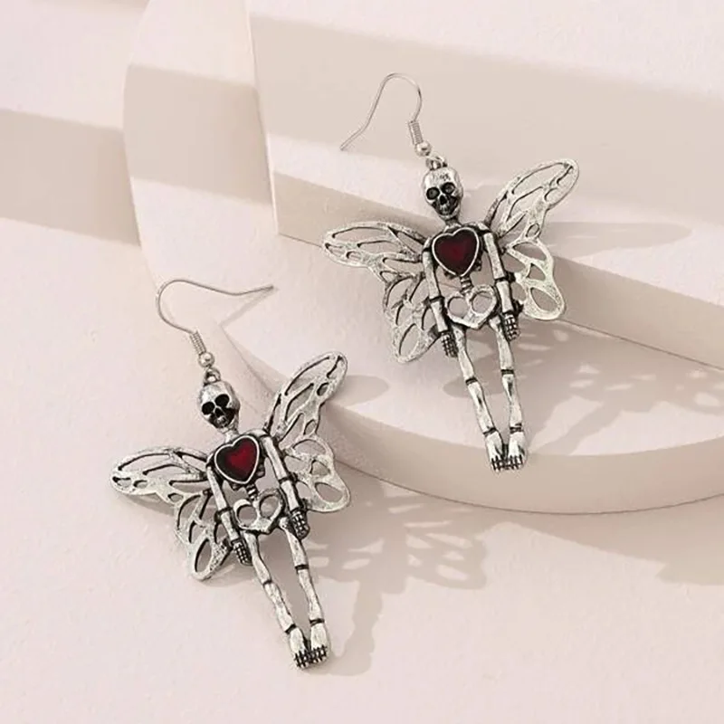 Dark Gothic Halloween Skull Skeleton Butterfly Dangle Earrings For Women Hollow out Big Earring Silver Color Fashion Jewelry