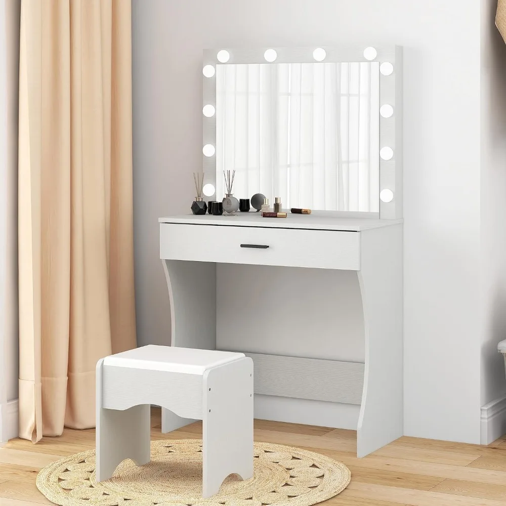 

Vanity Desk with Mirror and Adjustable Lights, One Drawer Storage Makeup Table with Stool - Vanity Set for Bedroom (White)