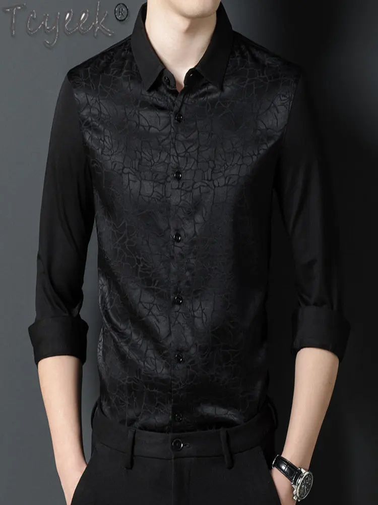 

Tcyeek High-end 92.4% Mulberry Silk Shirt 2024 Men Autumn New Long-sleeved Top Casual Soft Shirts for Clothing Chemise Homme