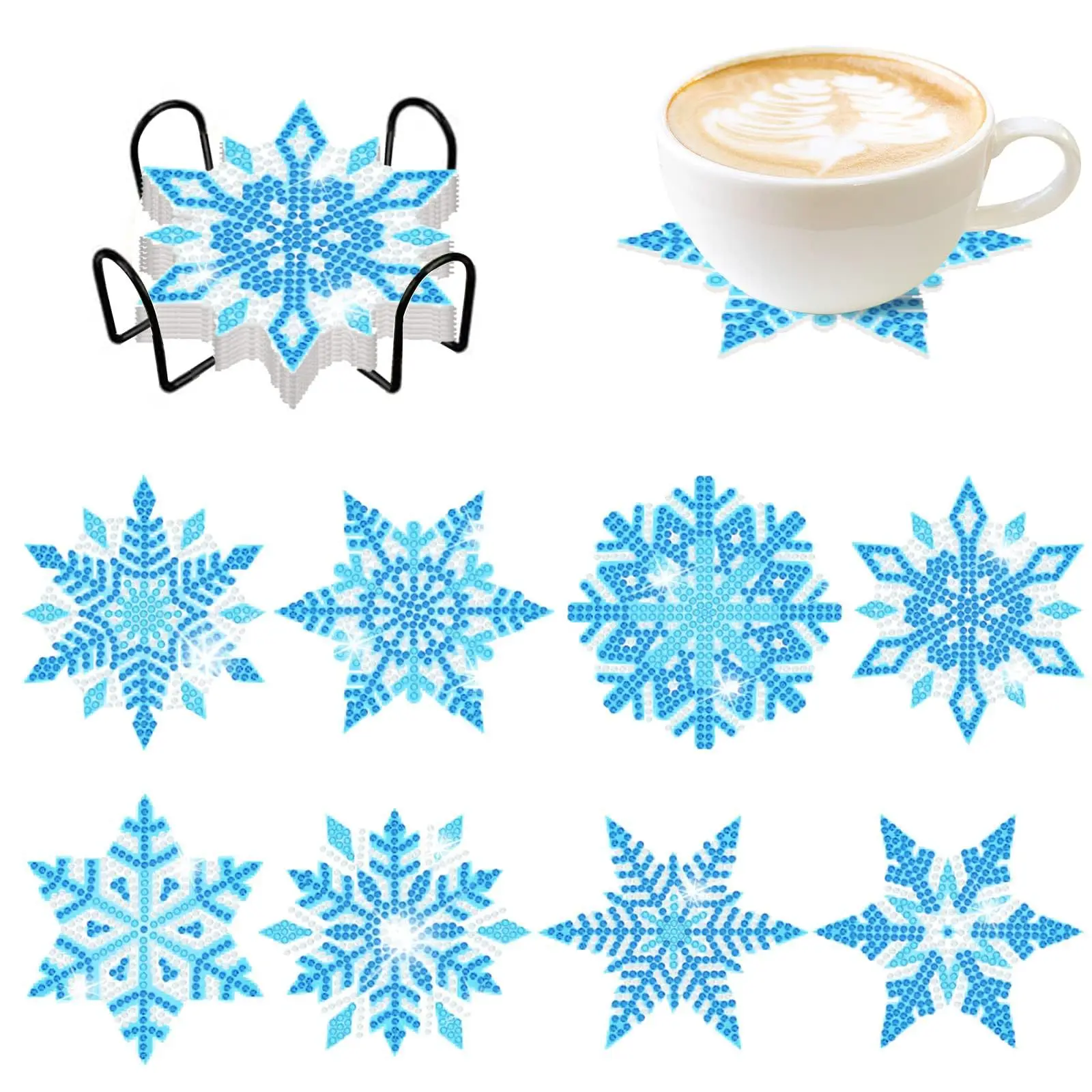 

Snowflake Diamond Painting Coasters Kit Winter Acrylic Diamond Art Coasters with Holder Cork Base For Adults DIY Crafts