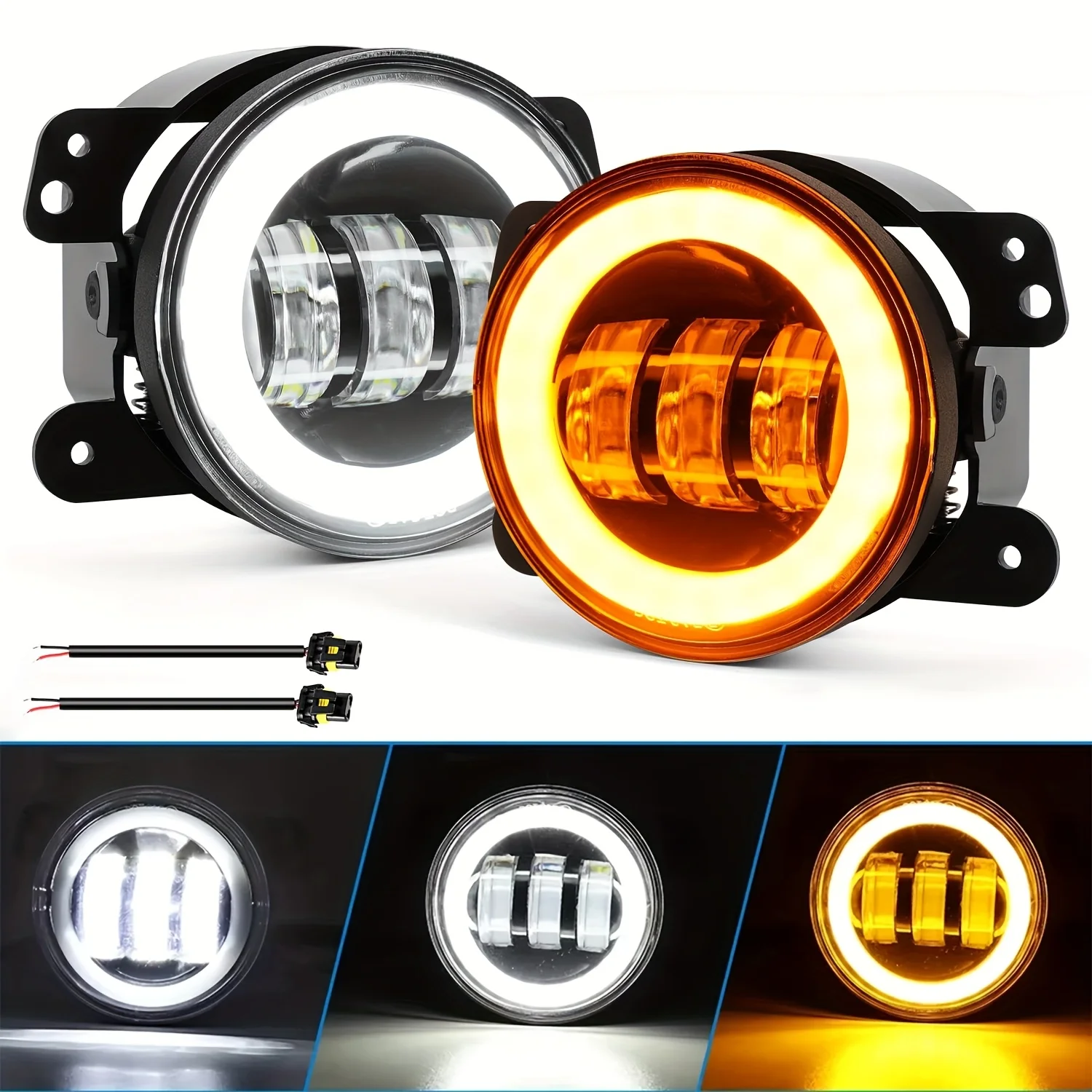 4 Zoll LED-Nebelscheinwerfer Weiße Angel Eyes Arbeitsleuchte für Jeep Wrangler JK Unlimited JKU 2007-2018 mit Weißem Tagfahrlicht und Gelbem Blinker