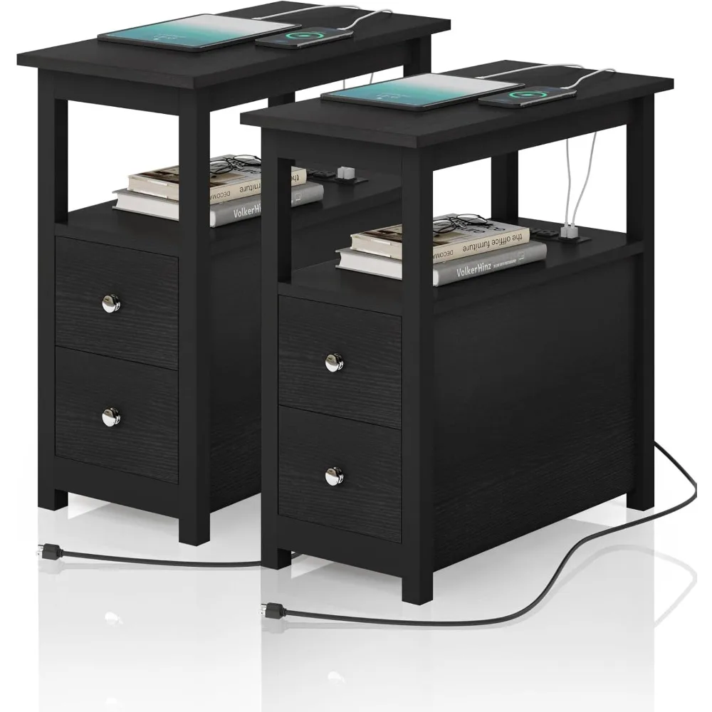 طقم طاولة جانبية للسرير من Sandinrayli مكون من قطعتين، طاولة نهائية سوداء لغرفة المعيشة، طاولات جانبية مع قاعدة شحن، منضدة مع 2 USB Po