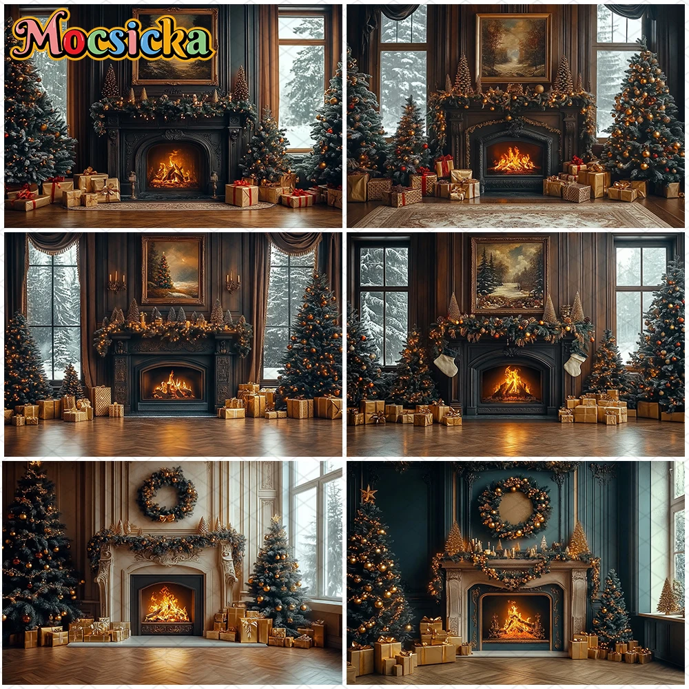 

Mocsicka Christmas Home Backdrop Photography Fireplace Gifts Tree Party Family Photo Studio Background Stockings Decor Wallpaper
