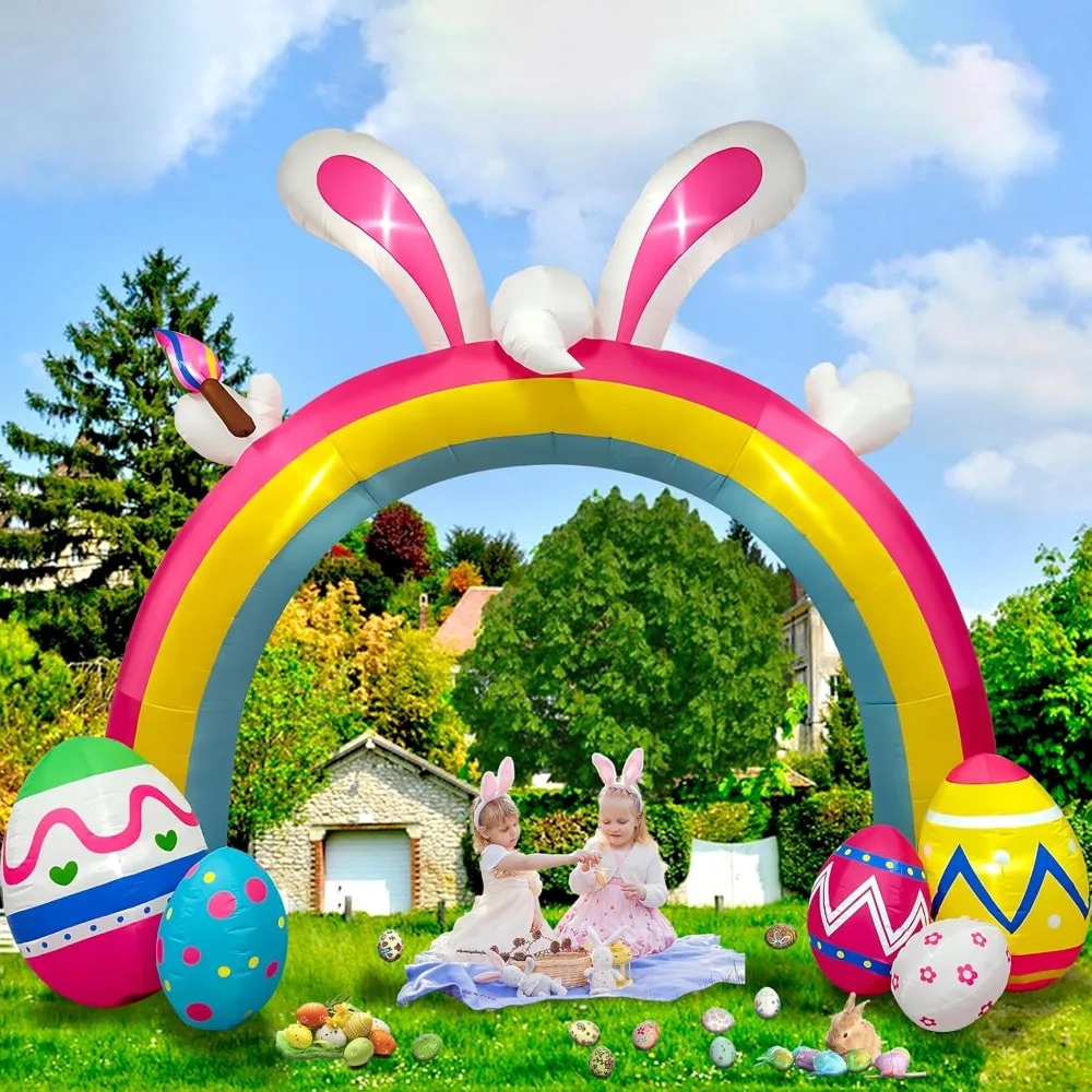 

10FT Easter Inflatable Bunny Colorful Eggs Rainbow Archway Decorations with Build-in LEDs, Blow Up Yard Decoration Easter Infla