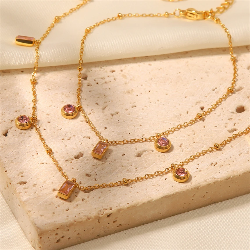 316L Stainless Steel Simplicity Pink Zircon Geometry Pendant Clavicular Chain Necklaces Bracelet Fashion High Jewelry Party Gift