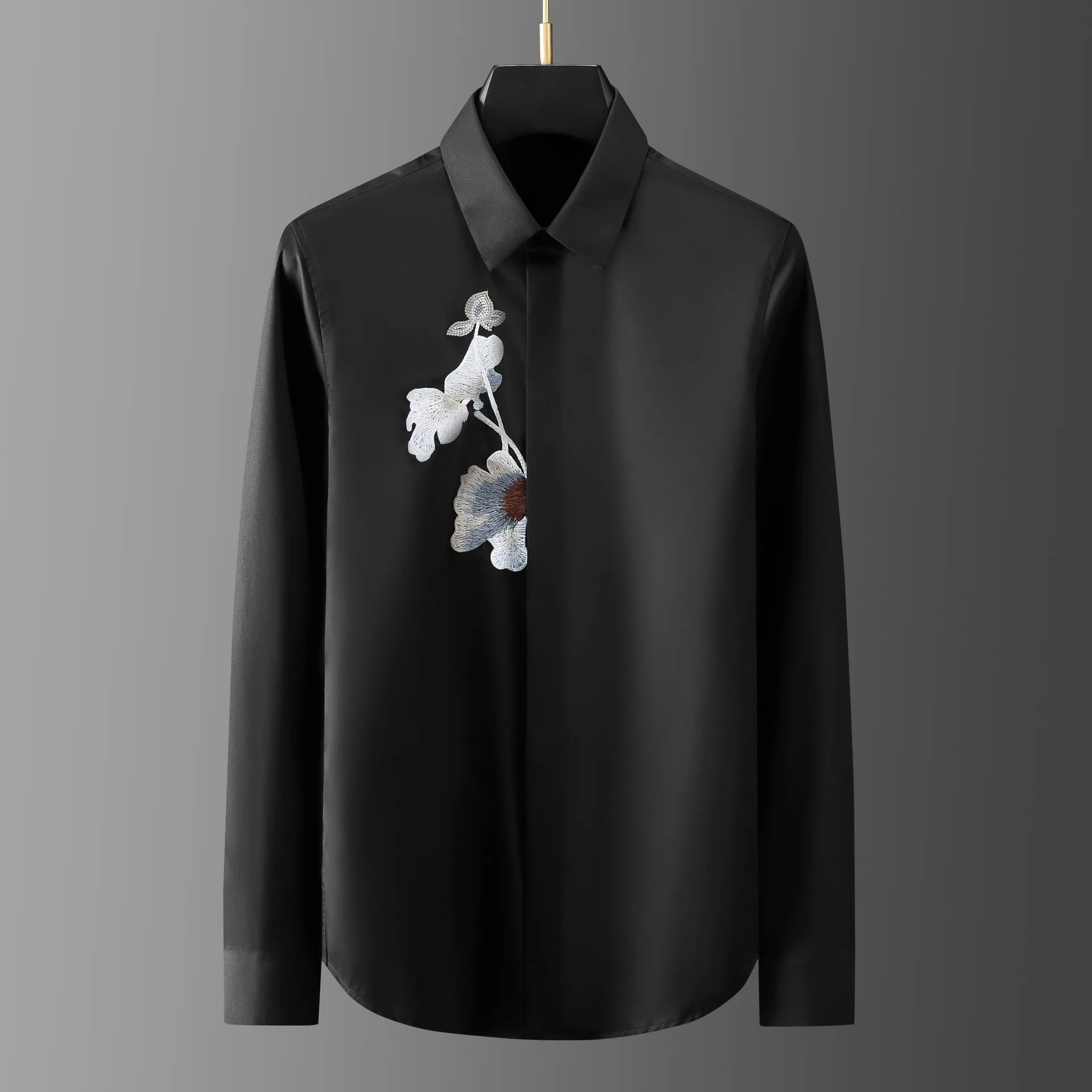 Men's Casual Long Sleeve Shirt Spring Fashion Show New Elegant Lotus Embroidery Shirt Stylish Top for Men