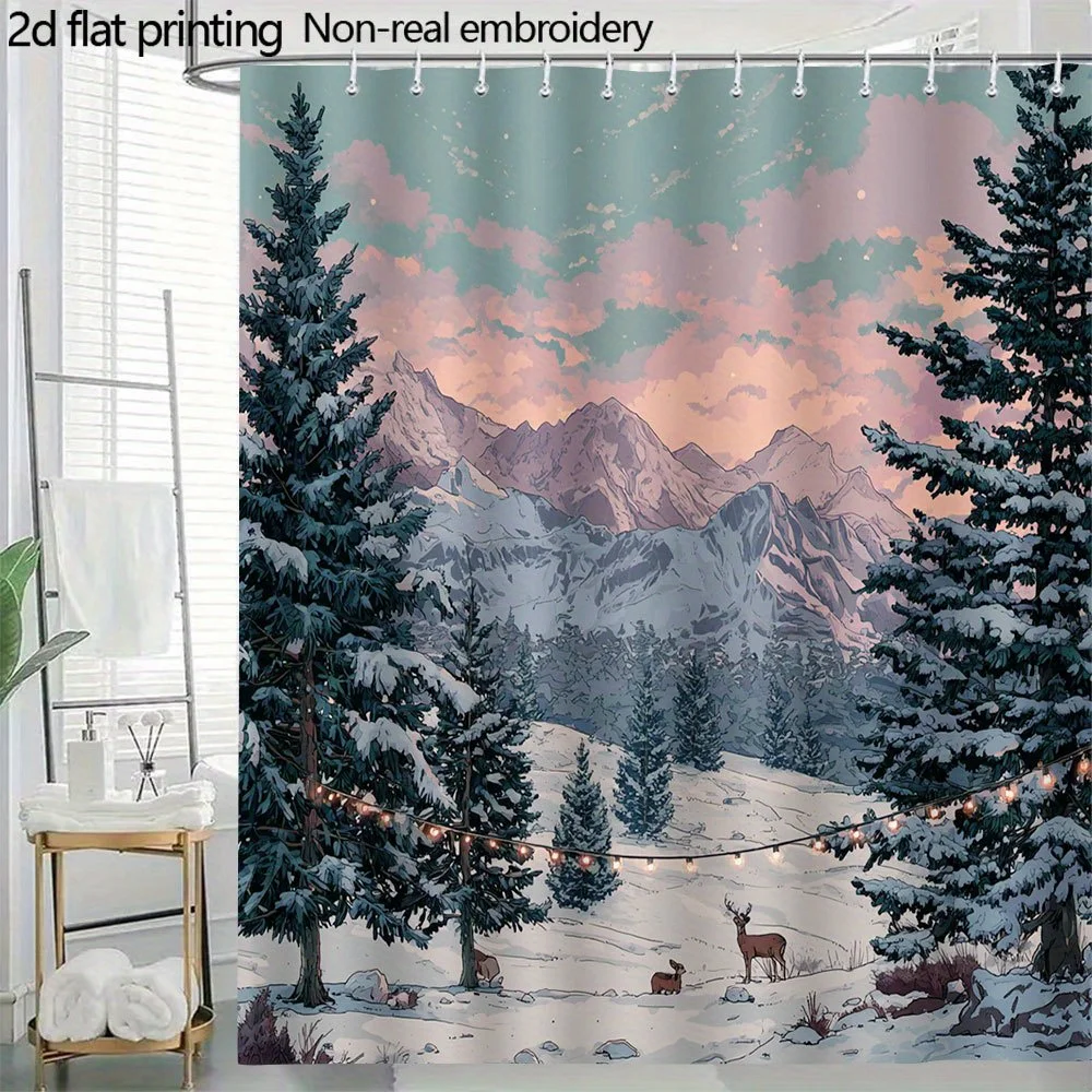 

Занавеска для душа с изображением оленя на заснеженной горе – с соснами, гирляндами, 2D-принтом, из полиэстера, 70,8x70,8 дюймов