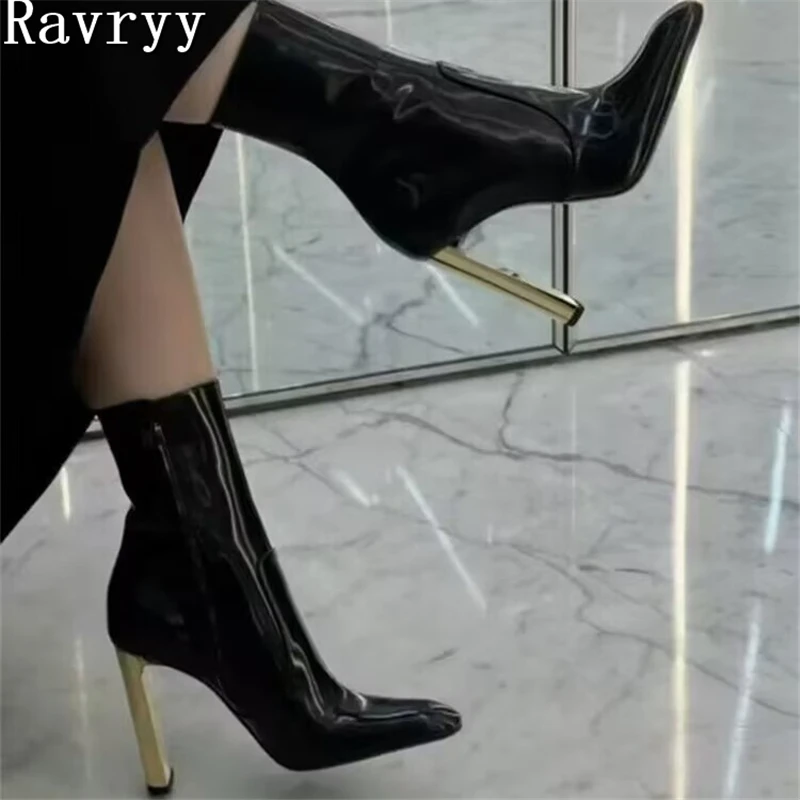 Black Patent Leather Golden Heel Ankle Boots for Women Fashion Party Runway Dress Shoes Square Toe Back Zipper Chelsea Boots