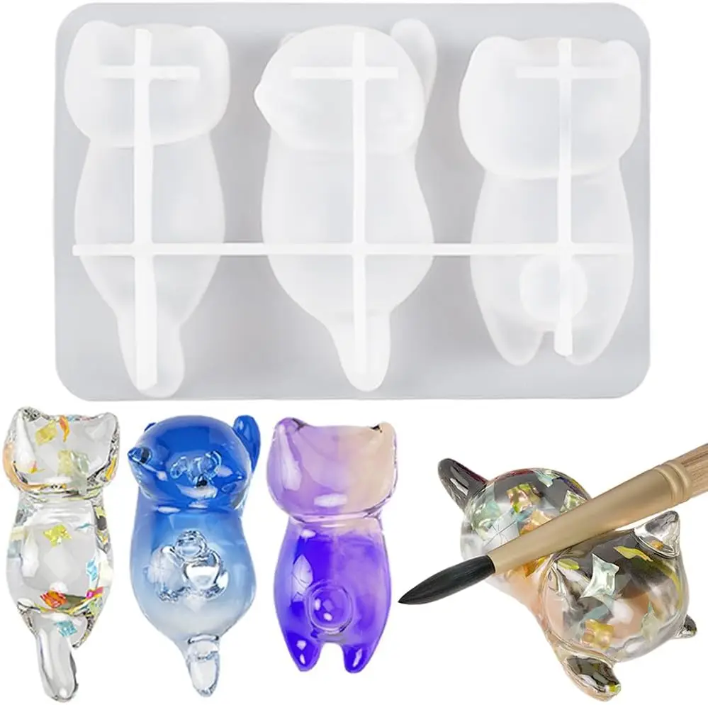 3D Cat Crystal Epoxy Resin Mold DIY Three-dimensional Lying Cat Back Keychain Pen Holder Silicone Mold