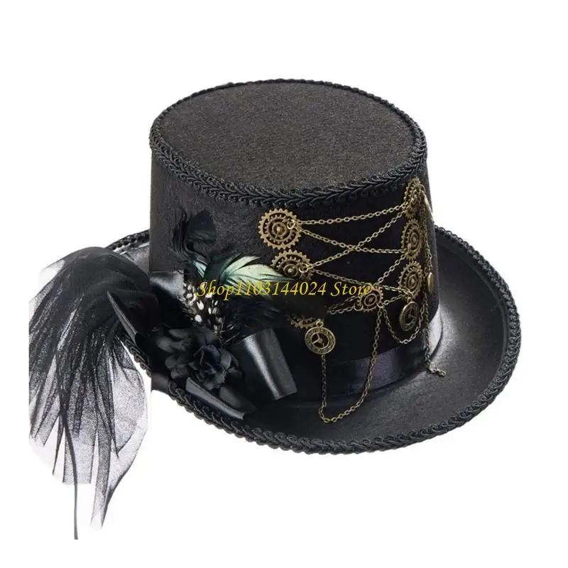 N5KE Medieval Flat Top Hat with Gear Chain Eye Catching Halloween Role Play Hats