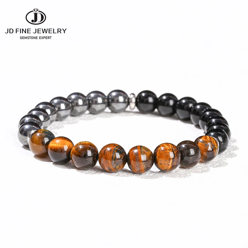 JD Natural Yellow Tiger Eye Hematite Stone Combined Bracelet Women Men Fashion Health Protection Stretch Bangles Yoga Jewelry