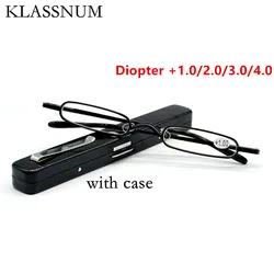 Unisex Pocket Reading Glasses Slim Mini Metal Readers with Pen Tube Case Men Women HD Reader Eyeglasses Diopter +1.0/2.0/3.0/4.0