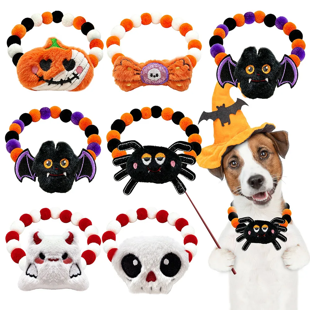 30/50 Stück Halloween Pompon-Haustierhalsband Niedliches Kürbis-, Fledermaus-, Spinnen-, Totenkopf-, Teufel-Deko-Halsband Kleines Welpen- und Katzen-Kostümzubehör – Detail 1