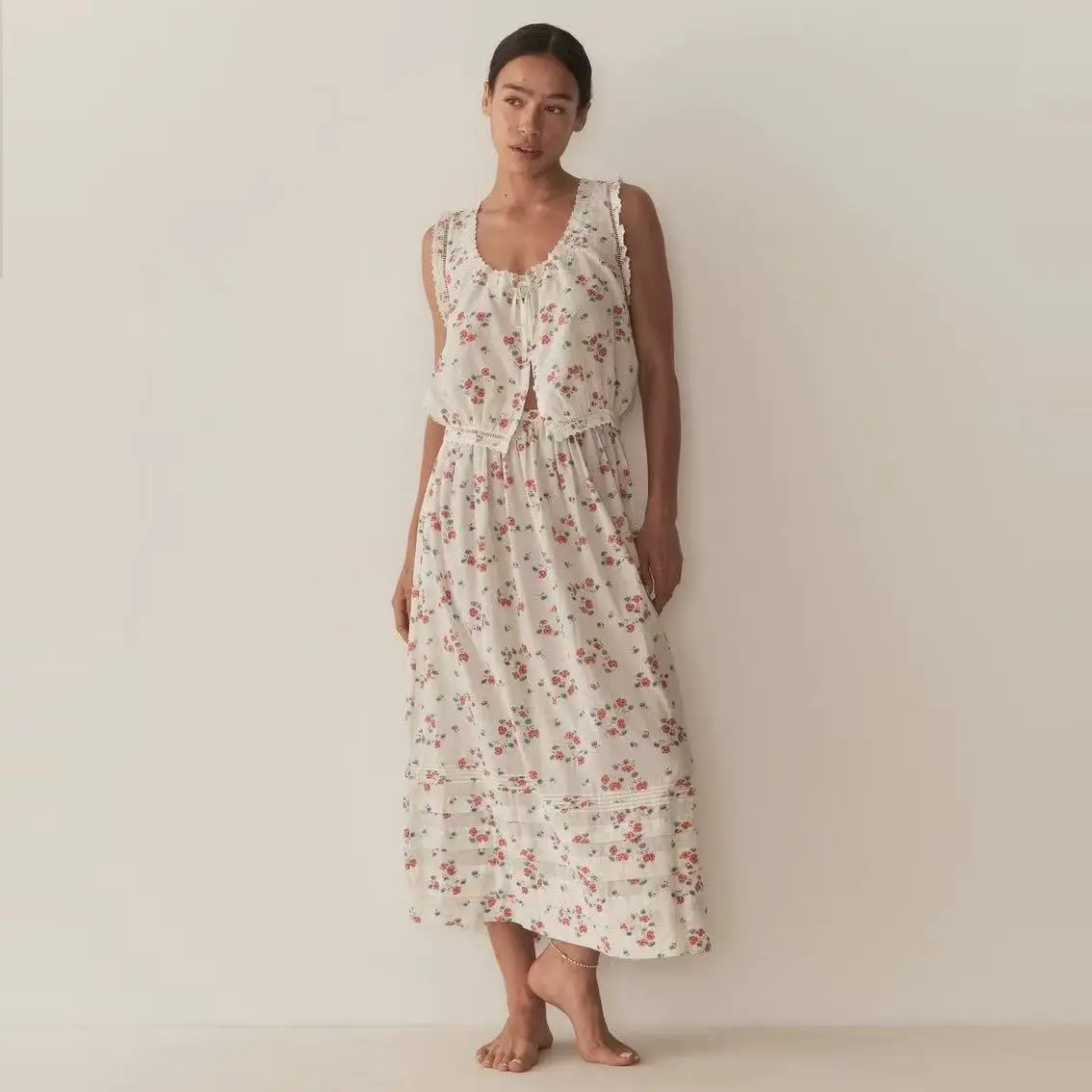 

Summer New Floral Print Embroidery Belted Svel Vest High Waist A-Line Skirt Faion Set Women's Cotton French Sle