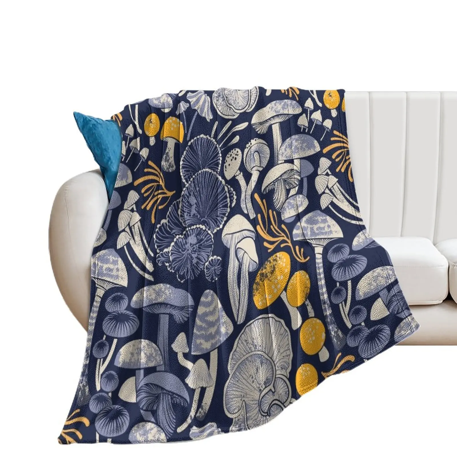 

Mystical fungi // midnight blue background ivory pale blue and yellow wild mushrooms Throw Blanket Blankets For Baby Blankets