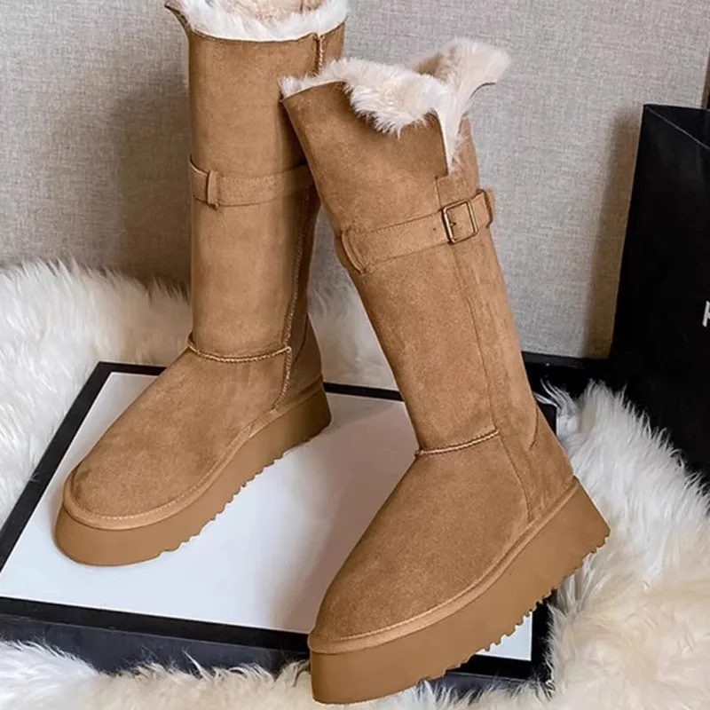 

Women's Shoes Fur Snow Boots Woman Winter 2025 Flats Platform Luxury Brand Suede Knee High Botas Mujer Plush Warm Shoes Woman