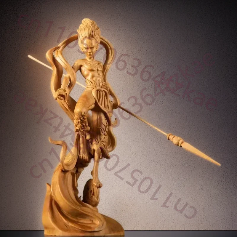 Natural Solid Wood Nezha Prince Statue, Chinese Mythological Characters， Home Room Office Art Features Statue