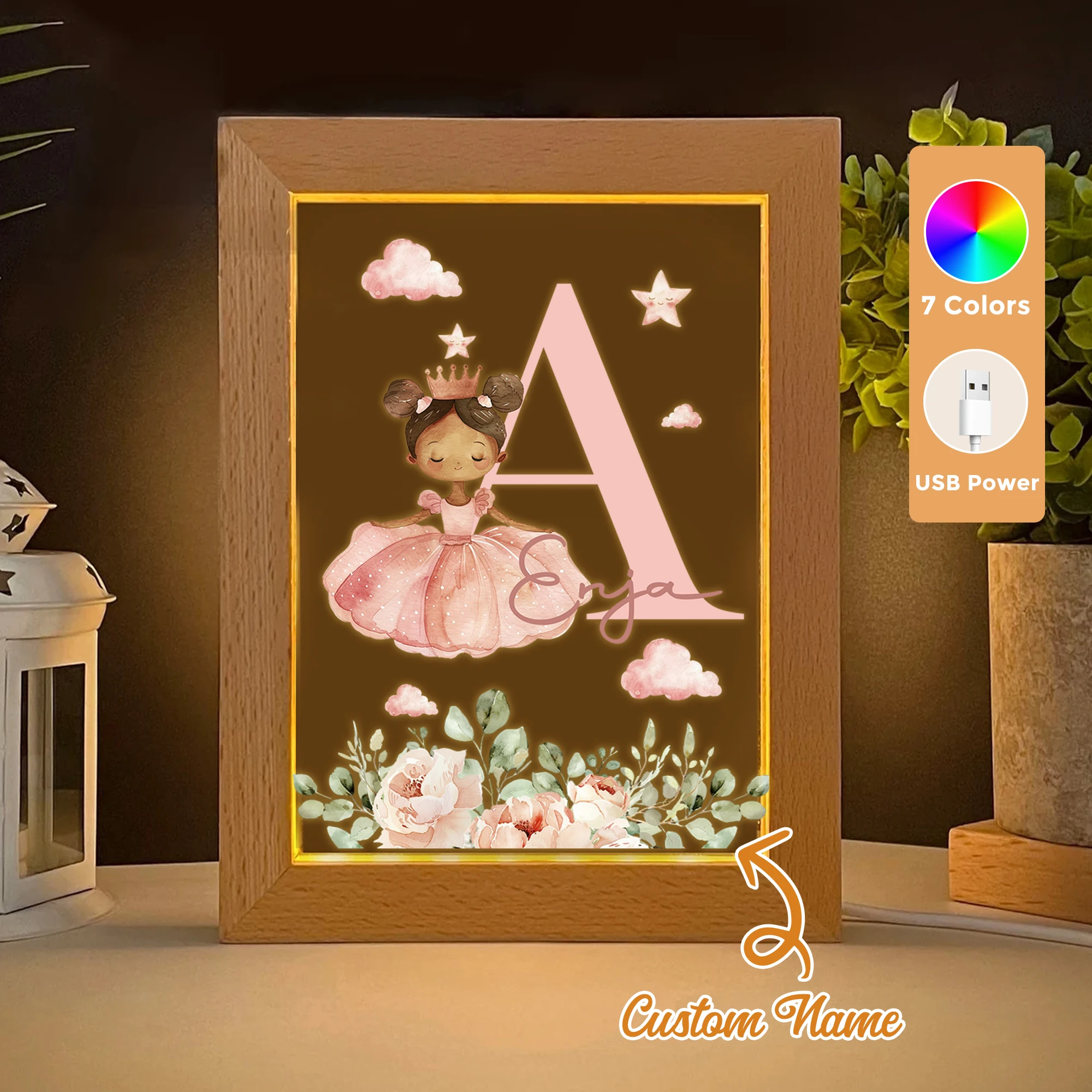 

2D Flat Custom Name Pink Girl LED Acrylic Night Light Wood Photo Frame 21x17cm Cartoon Children Bedroom Gifts Home Decor Gift