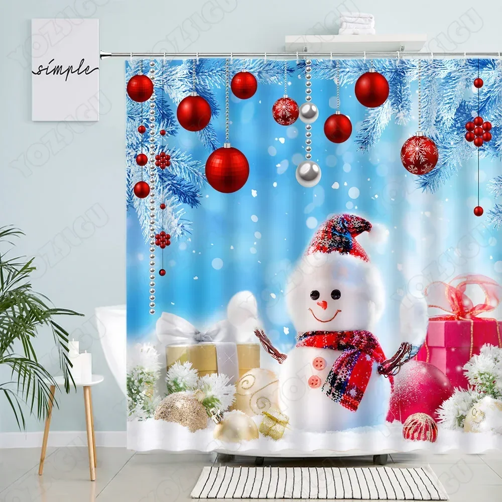 Cute Snowman Christmas Shower Curtains Red Rope Ball Pine Branch Snow Gift Creative Xmas New Year Bathroom Decor Bath Curtain