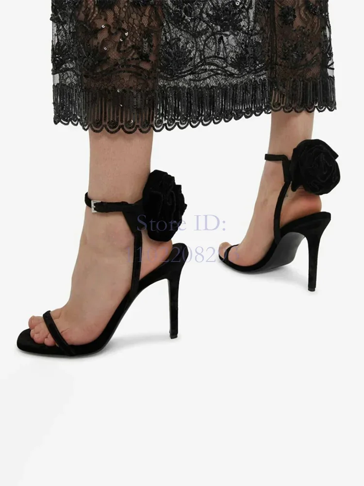 

Black Suede Flower Sandals Silk Rose Open Toe Ankle Buckle Strappy Stiletto Women Elegant Dress Shoes 2024 Thin High Heels