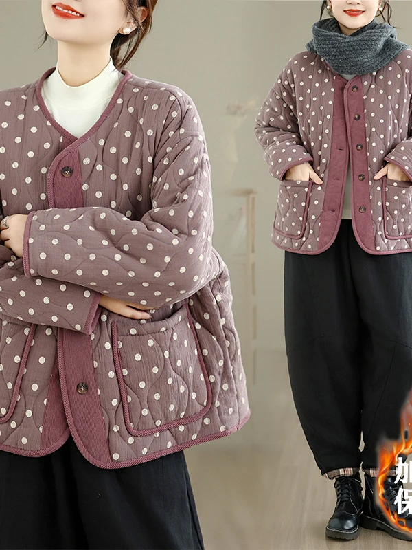 

Loose Fit Floral Print Cotton Jacket Women's plus Size round Neck Korean Style Casual Winter Coat Thickened Long Sleeve