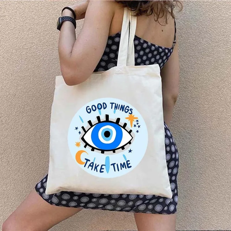 

Graffiti Greek Evil Eye Printing Women Handbag Funny Vintage Daily Summer Casual Shoulder Bag Versatile Harajuku Canvas Tote Bag