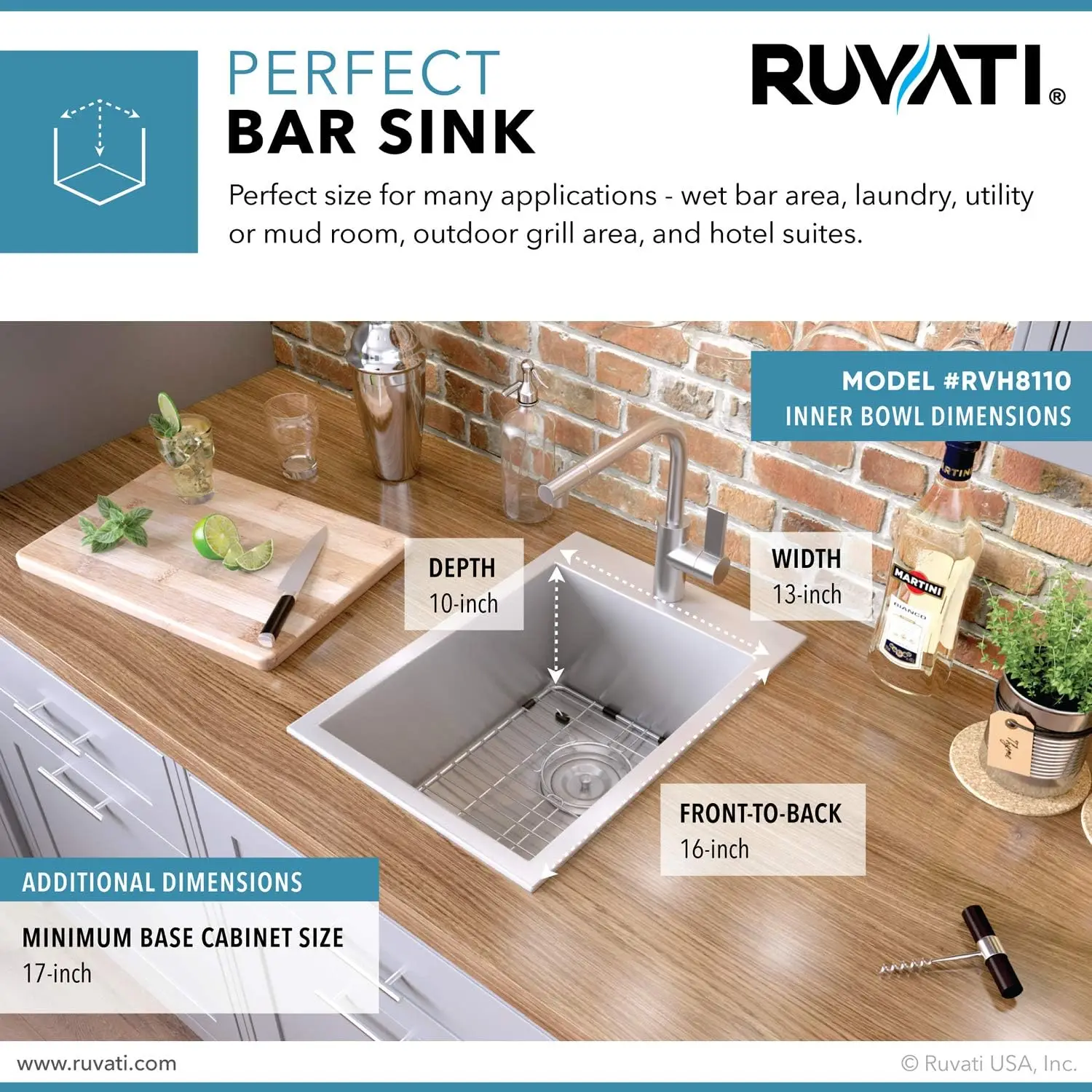 Ruvati 15 X 20 Inch Drop-in Topmount Bar Prep Kitchen Sink 16 Gauge Stainless Steel Single Bowl - RVH8110 USA