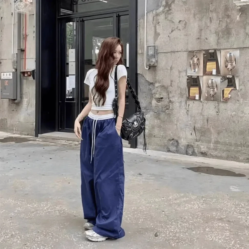 Summer New Retro High Waisted Cargo Pants For Women Korean Fashion Wide Leg Baggy Pants Sweatpants Y2k Joggers Women Streetwear