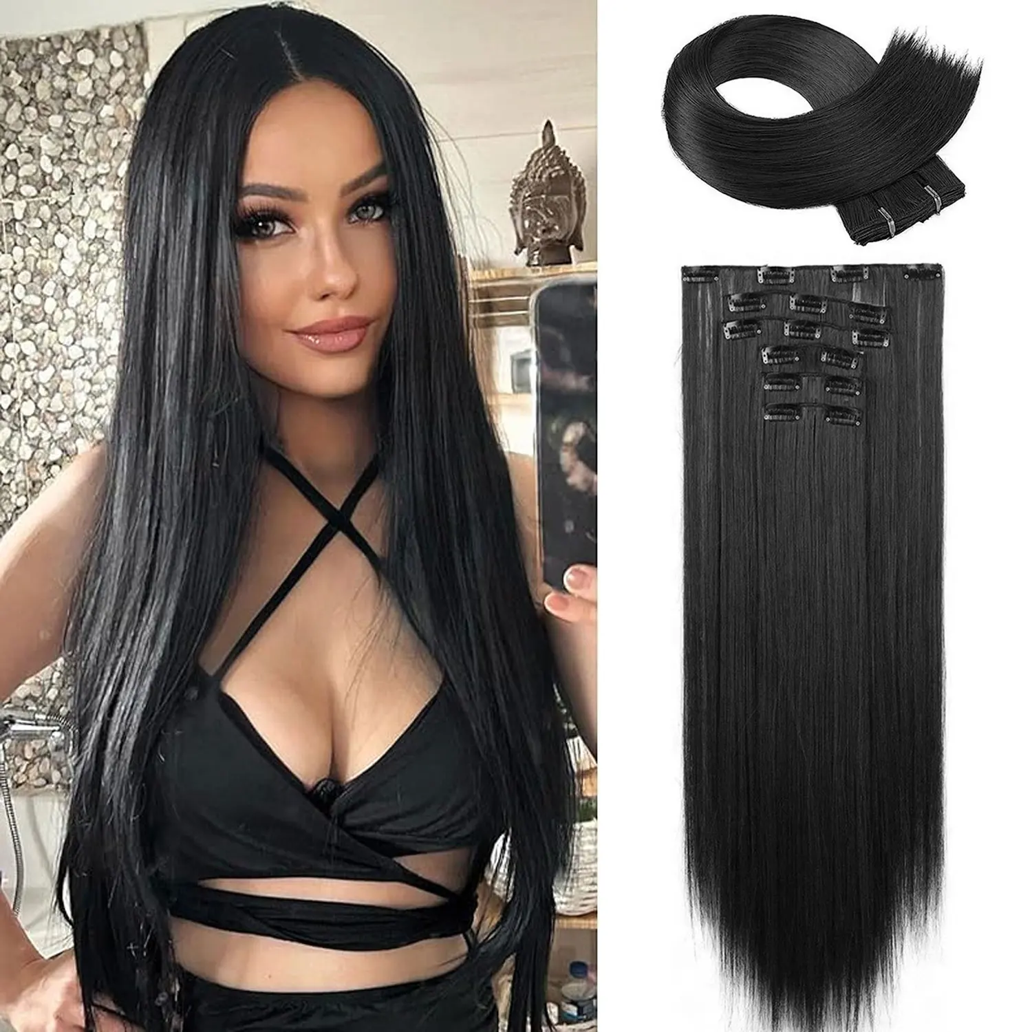 Clip in Hair Extensions Synthetic Hair Extensions for Women Straight Layered Hair Extensions Heat Resistant Long Wavy Daily