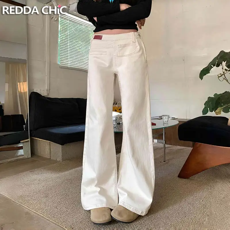 ReddaChic Distressed White Straight Jeans for Women Korean Baggy Irregular Offset Waist Cleanfit Denim Pants Trendy Streetwear