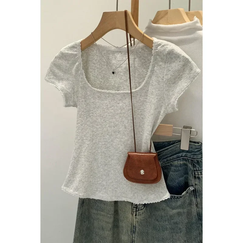 Pop Pop Women's Summer Slim Fit Short Sleeve T-Shirt High Waist Floral Trim Square Neck Top Versatile Fashionable Design Casual