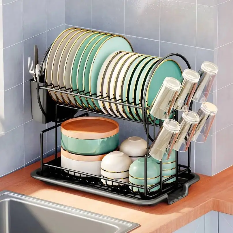 

2 Tier Dish Drying Drain Board Set Tableware Drainer Kitchen Countertop Storage Rack Cup Knife And Fork Holder