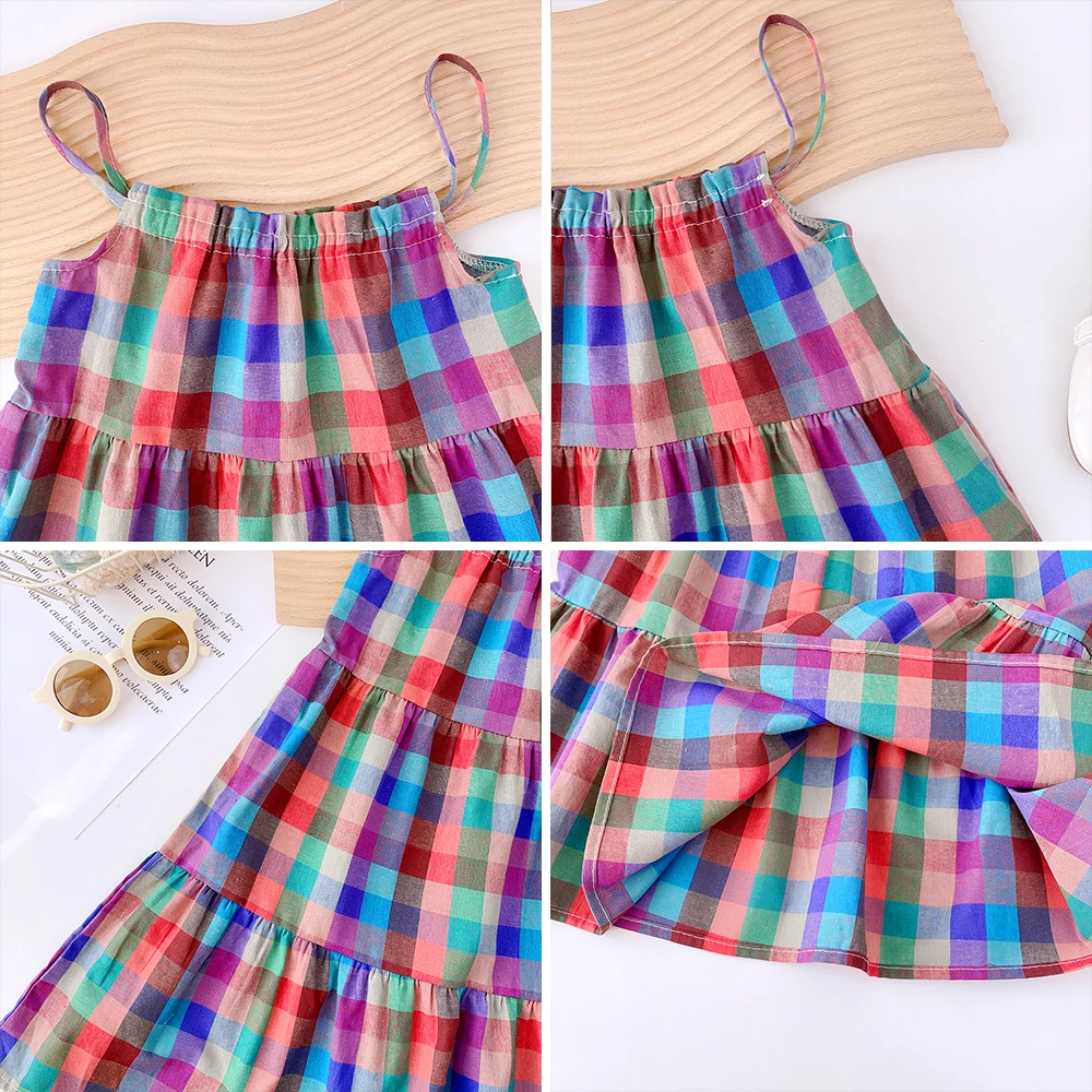 Girls\' Set 2023 Summer New Casual Dress Colorful Plaid Strap Dress Sleeveless Princess Dress Girls\' Fashion Dress