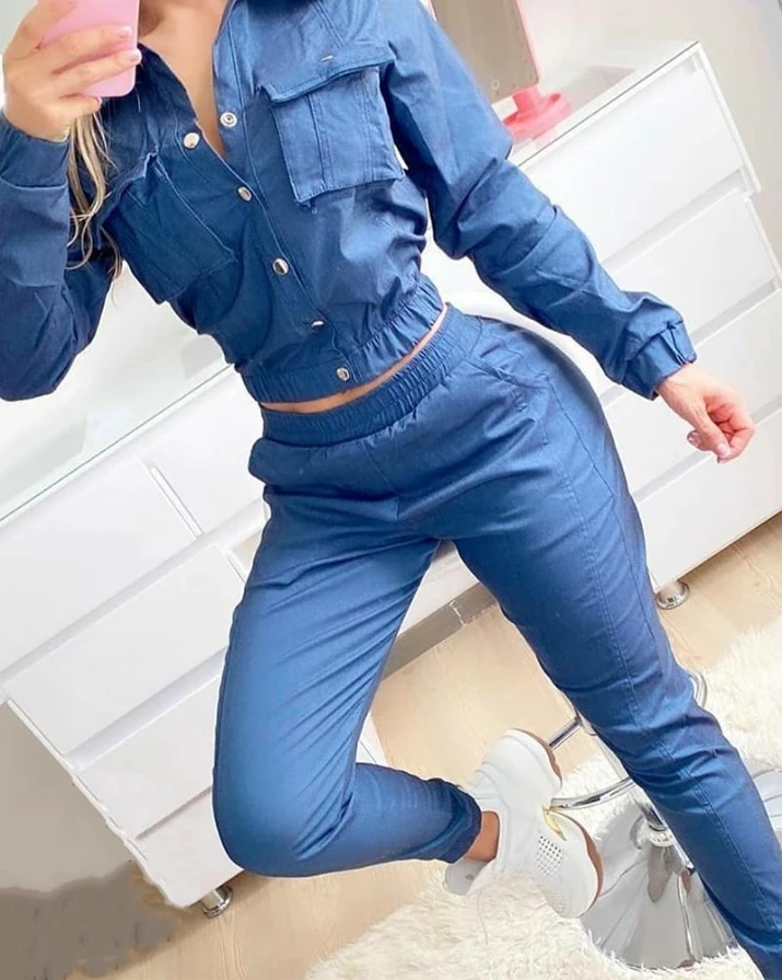 Two-Piece Set for Women 2024 Spring Tracksuit Denim Style Long Sleeve Pocket Button Design Shirt & Elastic High Waist Pants Set