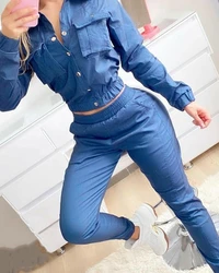 Two-Piece Set for Women 2024 Spring Tracksuit Denim Style Long Sleeve Pocket Button Design Shirt & Elastic High Waist Pants Set