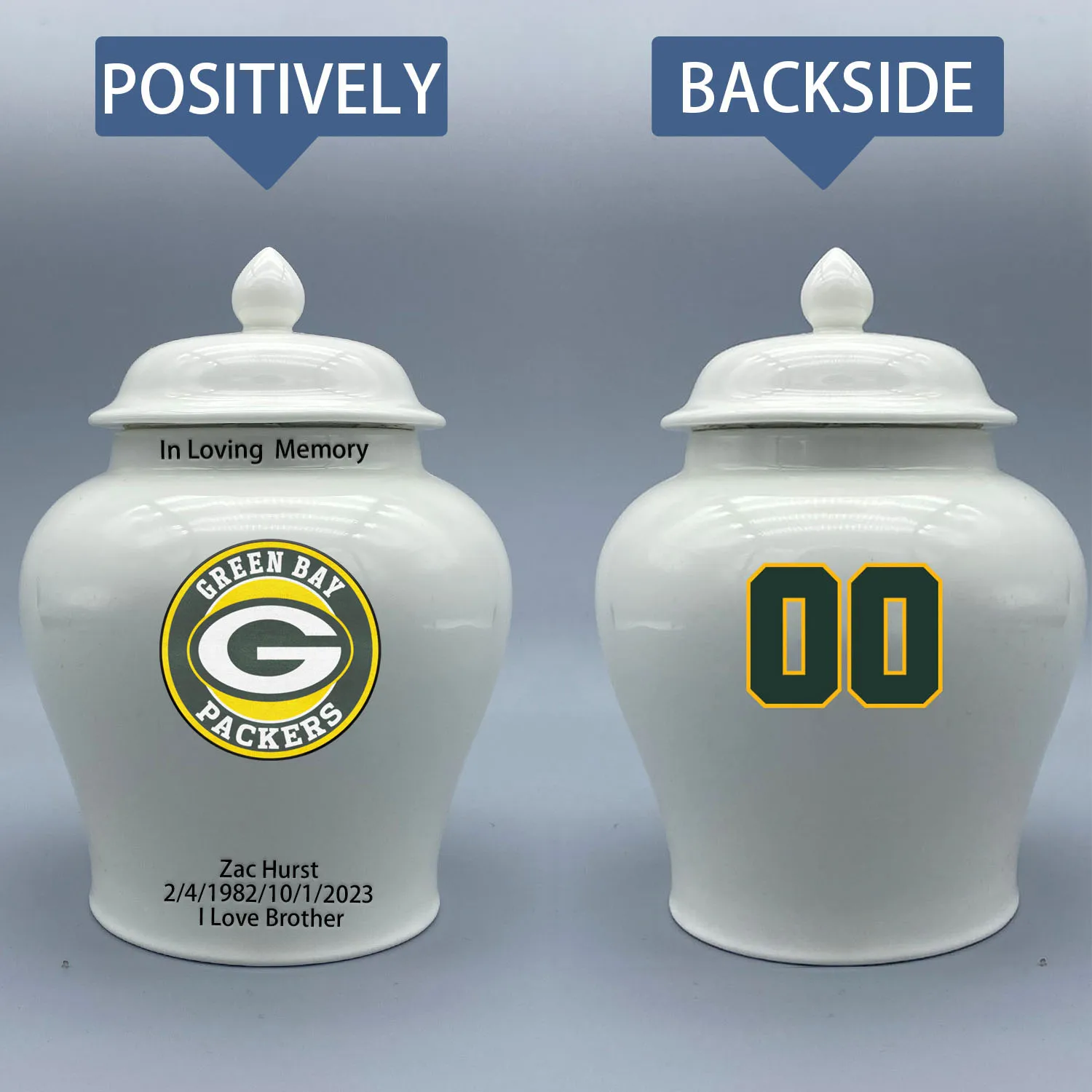 

Medium Urn for Green Bay Packers-themed Logo Urn.Please send me the customize information-name/date and number on the urn