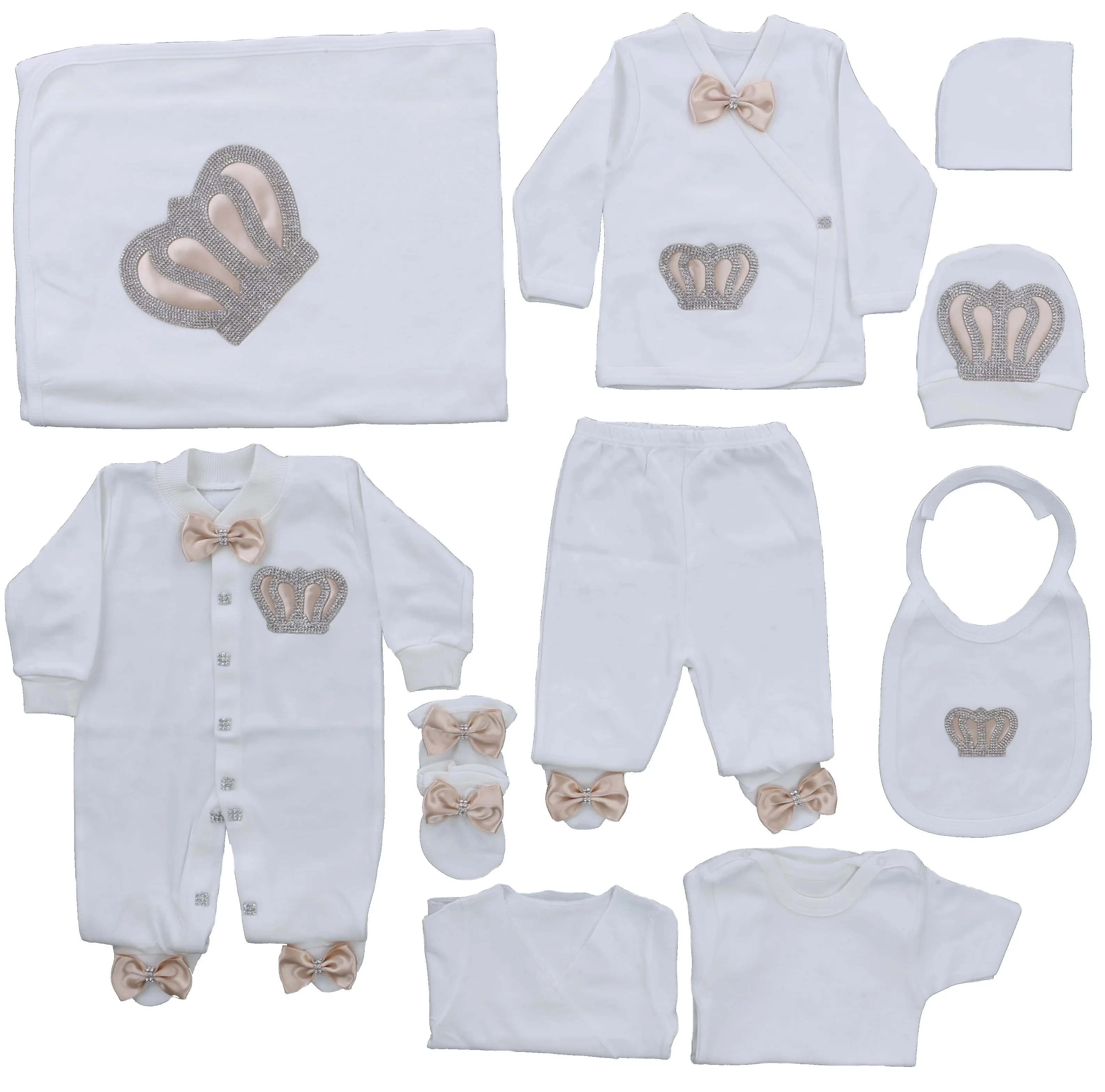 Bubble Cotton Fabric Knitted Wholesale Custom Newborn New Design Clothes 10 Pieces High Quality Beige Baby Romper Set