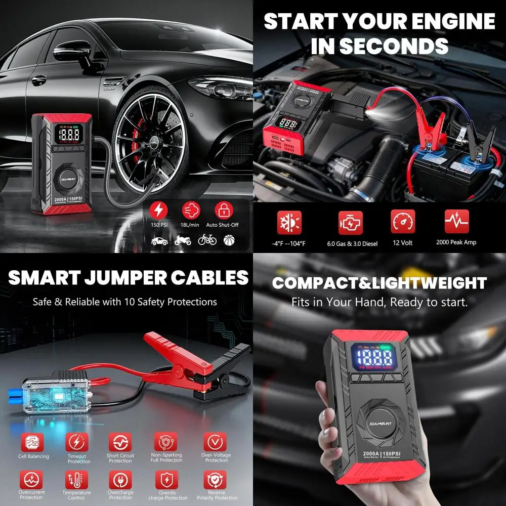 

2000A Jump Starter with Air Compressor, Portable 12V Car Battery Booster & Charger for 6.0L Gas & 3.0L Diesel, 150PSI Auto Shut-