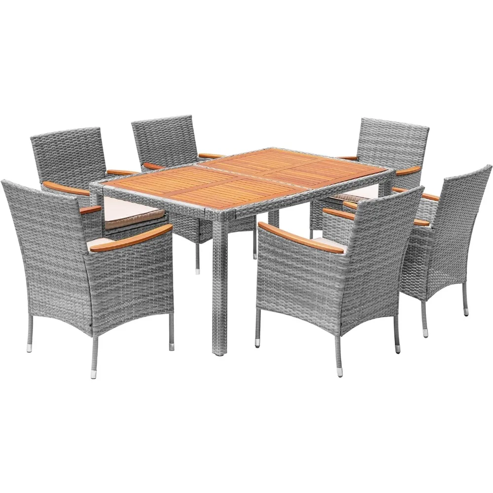 7 PCS Furniture Sets, Patio Conversation Set with Acacia Wood Table Top, Black,Rattan Outdoor Tables