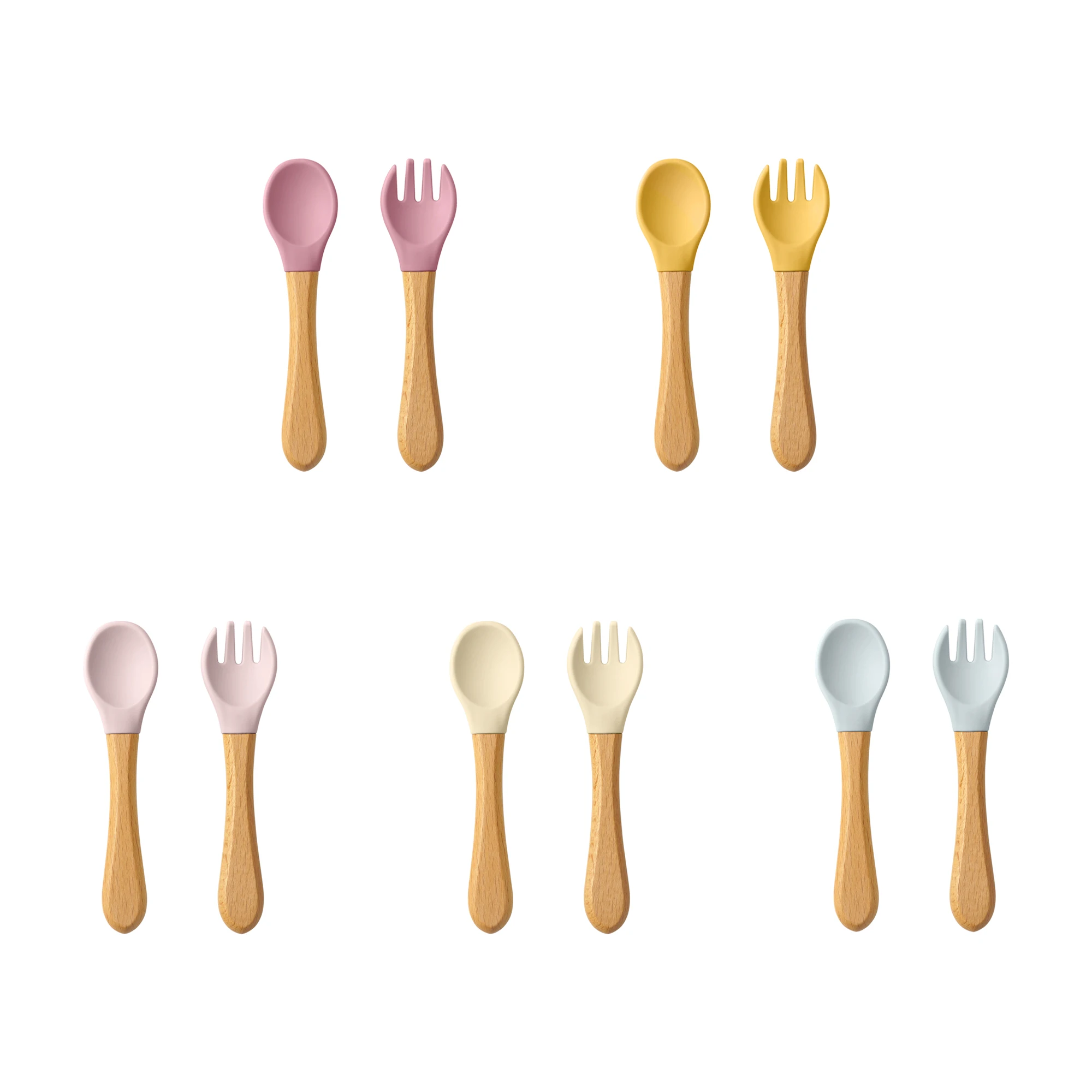 Mamaplan Silicone Baby Spoon Fork Wooden Handle Spoon Fork Baby Utensils Feeding Training Cutlery Baby Tableware Baby Stuff