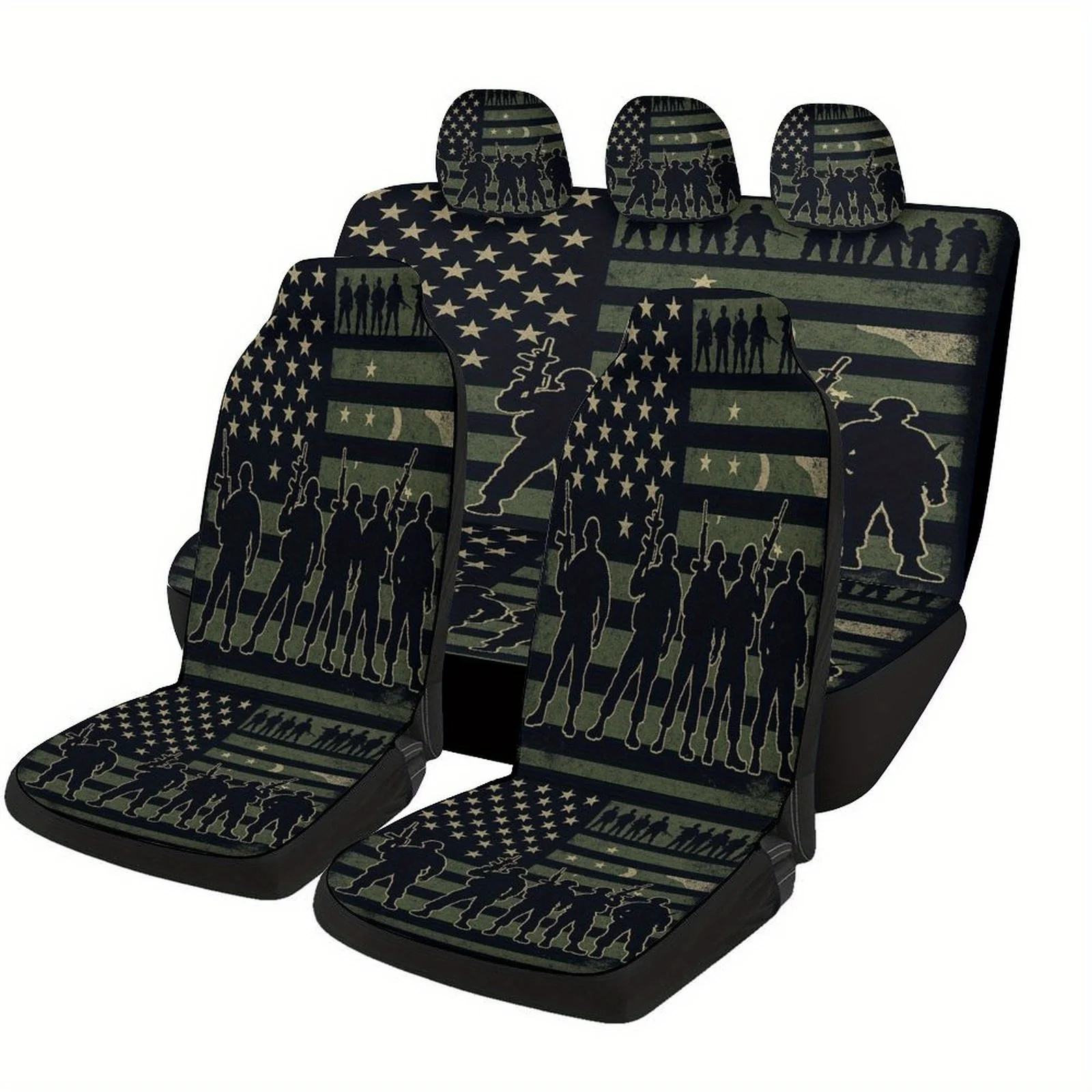 Military Silhouettes Themed Car Seat Cover Set For Most Cars, Trendy Novelty Car Seat Protector Covers Full Set, Car Seat Cover