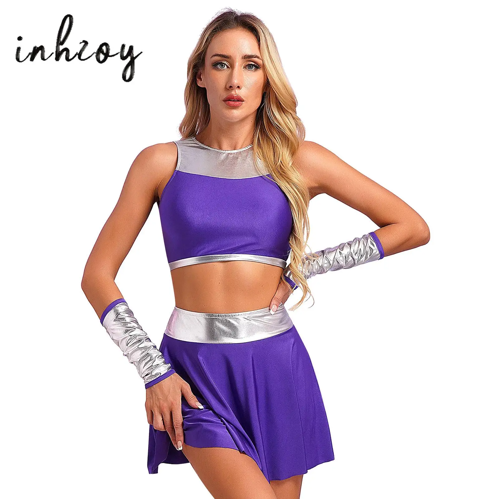 

Womens Halloween Cosplay Costumes 3Pcs Purple Outfits Crop Tops with Skirts and Gloves for Hero Warrior Princess Fancy Dress Up