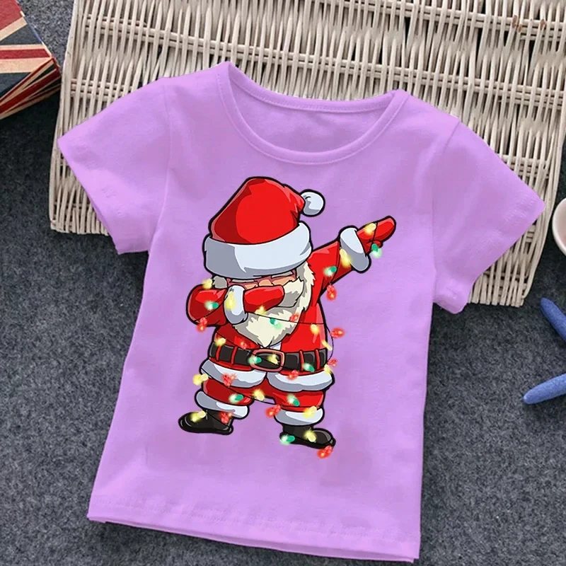 Santa Printing Boys Girls 2024 Summer Cotton T-shirt New Toddler Comfort Top Children\'s clothing Christmas Elements 2-14T