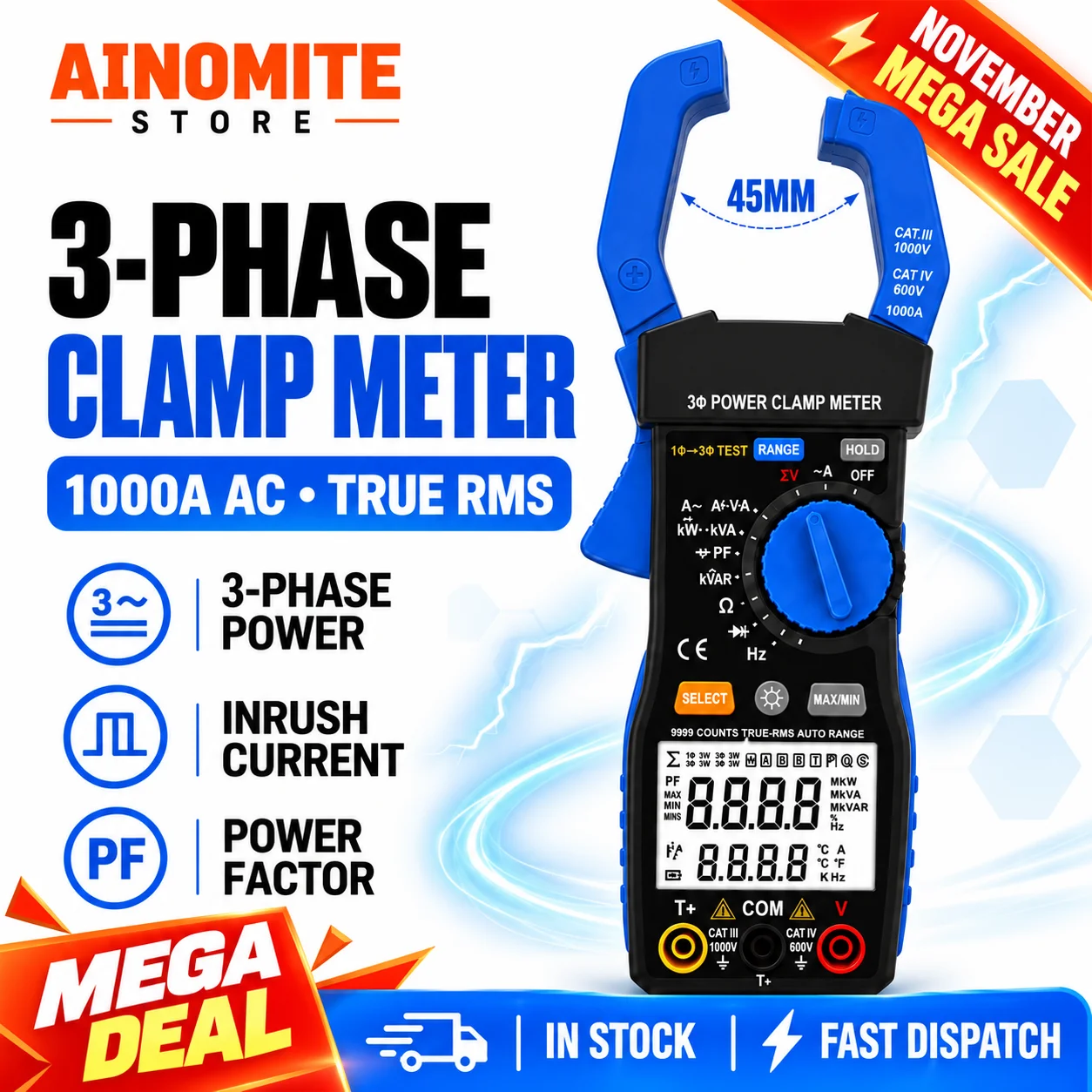 TRMS Digital Clamp Meter 9999 Counts Auto Range, AC/DC Volt Amp Ohm Tester, Inrush Current Multimeter with Continuity, NCV