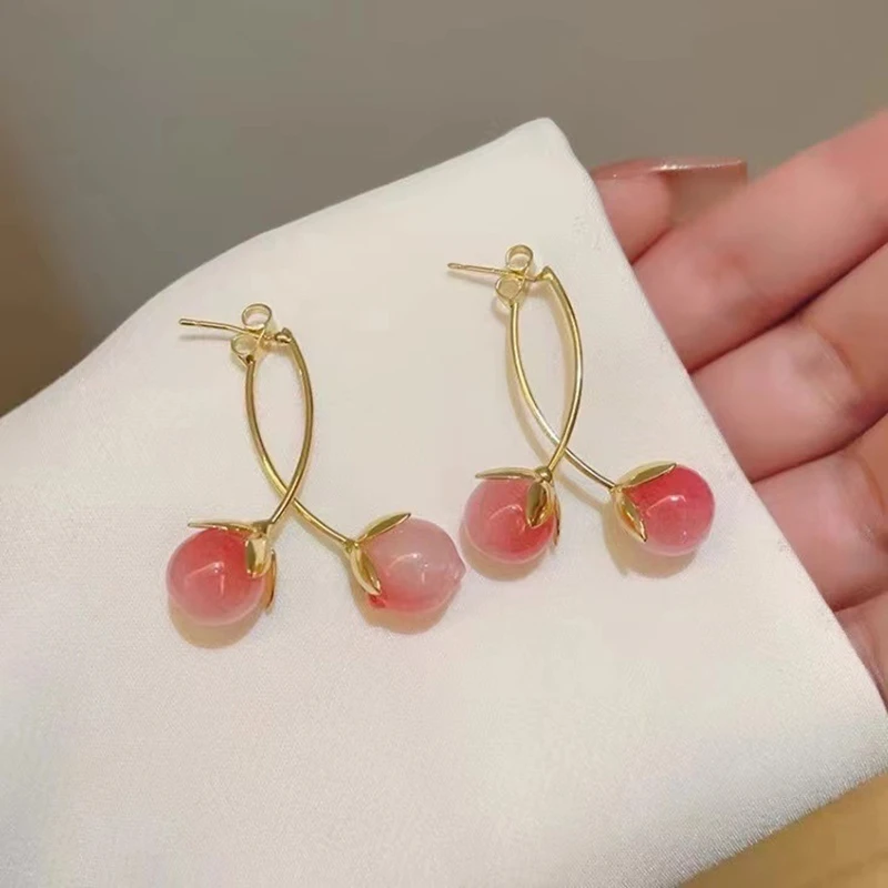 New Cute Pink Cherry Drop Earrings Sweet Tomato Earring for Women Spring Summer Temperament Long Earings Party Jewelry Gift