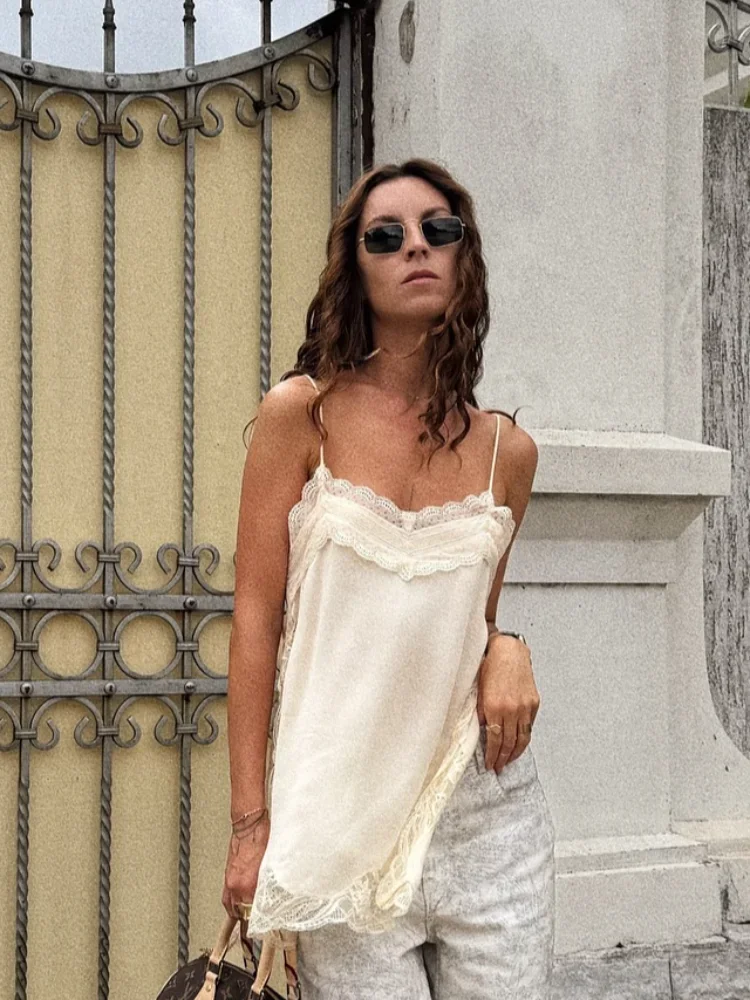 

Women's Lace Patchwork Sling Top Sexy V-Neck Sleeveless Side Split Solid Color Vest Summer Party Vacation Fashion Clothing