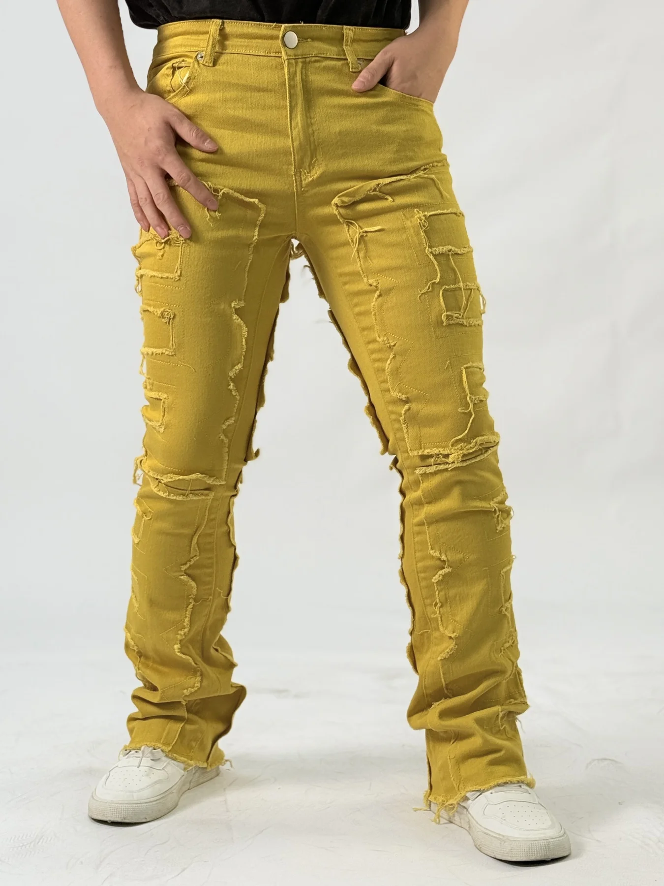 منتج جديد لعام 2025 سراويل رجالية ضيقة متوهجة ملونة مرقعة نمط ريترو مستقبلية جو خيارات ألوان متعددة