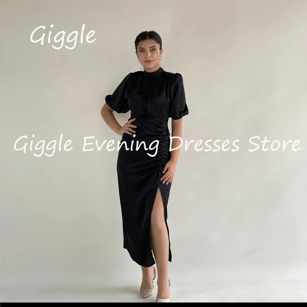 

Giggle Satin Mermaid Scoop Neckline Ruffle Popular Arab Elegant Prom Gown Saudi Tea Length Evening Party Dresses for Women 2023