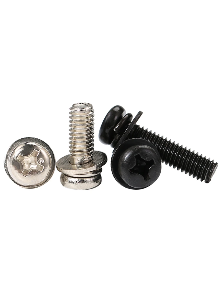 M2 m2.5 m3 m4 m5 m6 preto zinco/niquelado cabeça redonda phillips pan cabeça parafusos com arruelas planas mola arruelas montagem parafusos