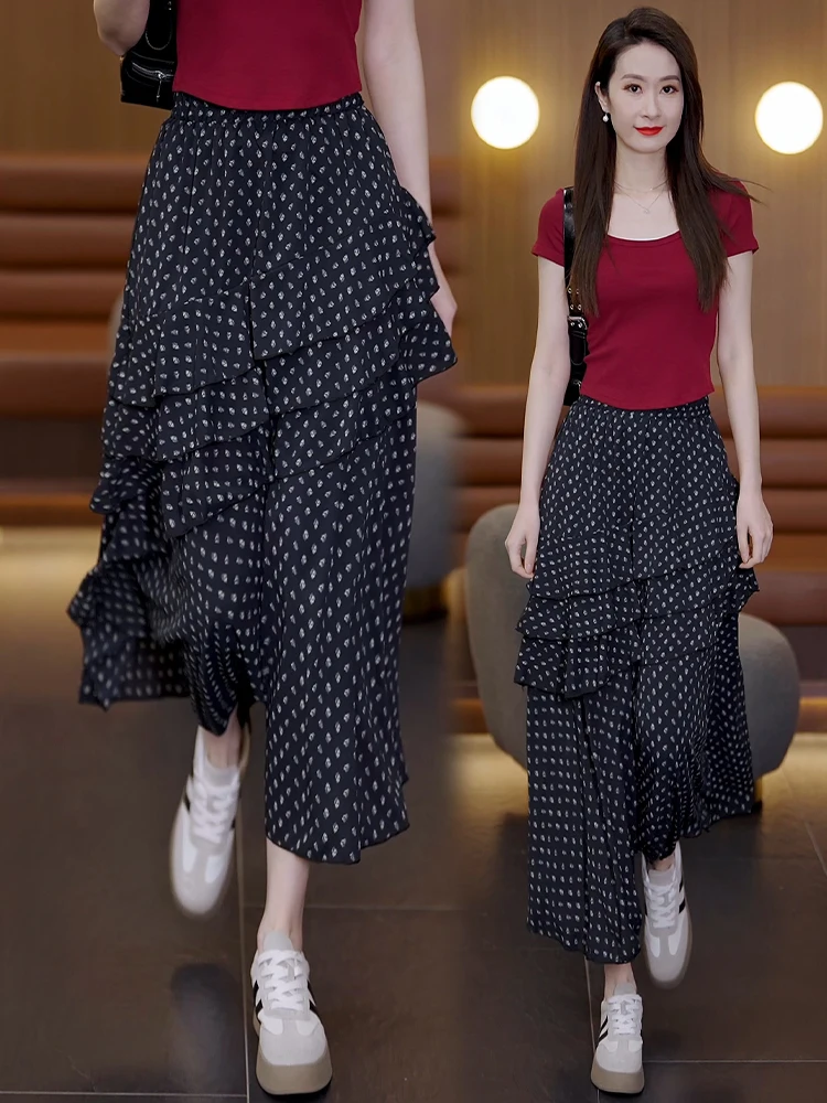 

Summer Thin Floral Chiffon Asymmetrical A-Line Skirt Women's High Waist Half Skirt Bordered Long Skirt Korean Style Commute
